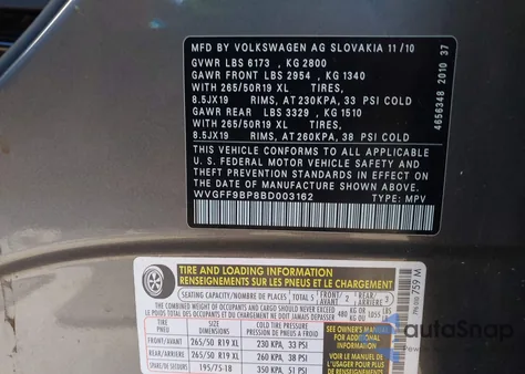 2011 Volkswagen Touareg Vr6 Lux z USA, uszkodzony, nr VIN WVGFF9BP8BD003162